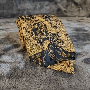 Lion Patterned Gold and Black Tie 100% Silk
